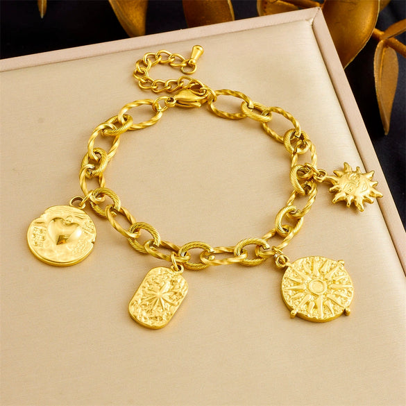 Fashion Retro Stainless Steel Heart Shape Pendant Bracelet Gold Plated