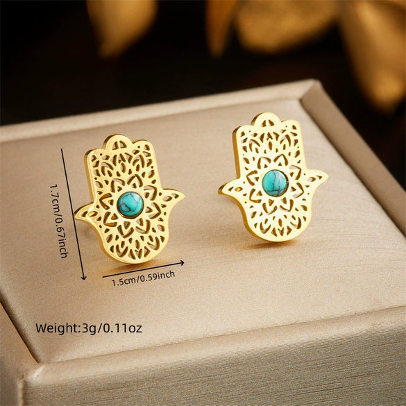 Fashion Retro Stainless Steel Necklace And Earrings With Inlaid Blue Turquoise Hollow Palm Pattern And Electroplating Treatment