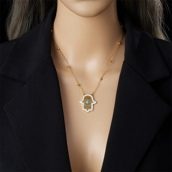Fashion Retro Stainless Steel Necklace And Earrings With Inlaid Blue Turquoise Hollow Palm Pattern And Electroplating Treatment