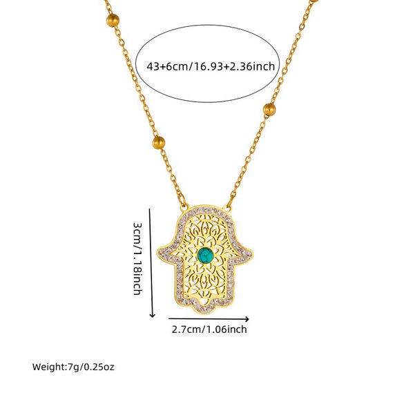Fashion Retro Stainless Steel Necklace And Earrings With Inlaid Blue Turquoise Hollow Palm Pattern And Electroplating Treatment