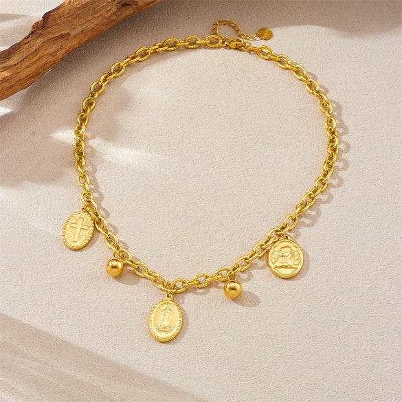 Fashion Retro Stainless Steel Oval Coin Pendant O Chain Jewelry Gold Plated