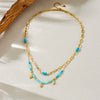 Fashion Retro Stainless Steel Oword Chain Necklace With Blue Beaded Stacked And Rhombus Pattern Electroplated