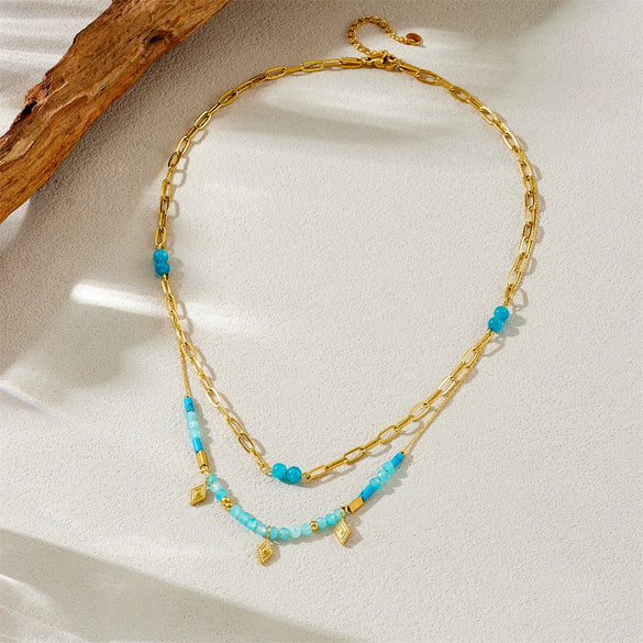 Fashion Retro Stainless Steel Oword Chain Necklace With Blue Beaded Stacked And Rhombus Pattern Electroplated