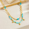 Fashion Retro Stainless Steel Oword Chain Necklace With Blue Beaded Stacked And Rhombus Pattern Electroplated