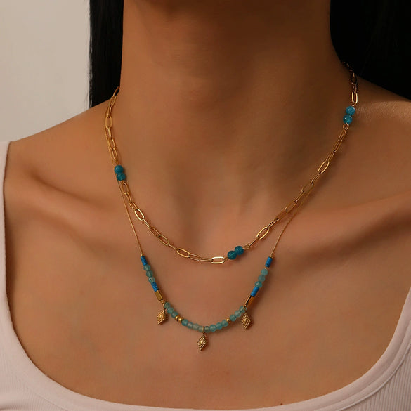Fashion Retro Stainless Steel Oword Chain Necklace With Blue Beaded Stacked And Rhombus Pattern Electroplated