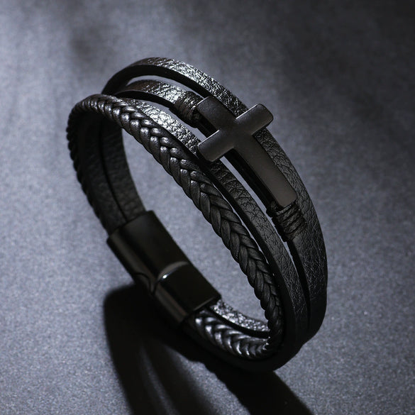 Fashion Retro Style Alloy Bracelet With Cross Design Magnetic Buckle Multilayer Simple Woven Leather Electroplated