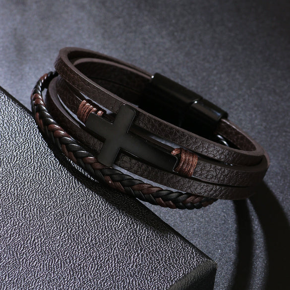 Fashion Retro Style Alloy Bracelet With Cross Design Magnetic Buckle Multilayer Simple Woven Leather Electroplated