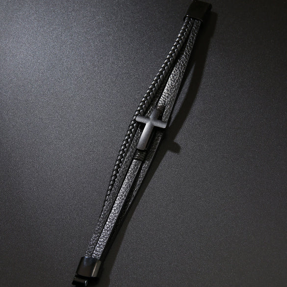 Fashion Retro Style Alloy Bracelet With Cross Design Magnetic Buckle Multilayer Simple Woven Leather Electroplated