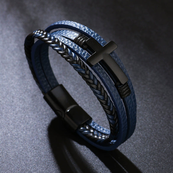 Fashion Retro Style Alloy Bracelet With Cross Design Magnetic Buckle Multilayer Simple Woven Leather Electroplated