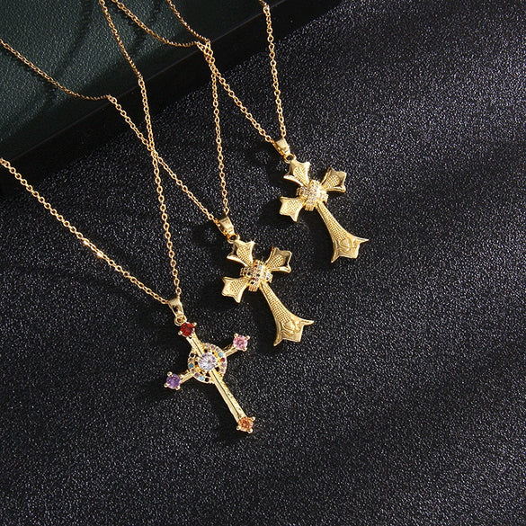 Fashion Retro Style Stainless Steel Cross Pendant Ochain Necklace With Copper Zirconium And Colored Diamond Electroplated Waterproof Fadeless Unisex Jewelry
