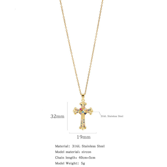 Fashion Retro Style Stainless Steel Cross Pendant Ochain Necklace With Copper Zirconium And Colored Diamond Electroplated Waterproof Fadeless Unisex Jewelry