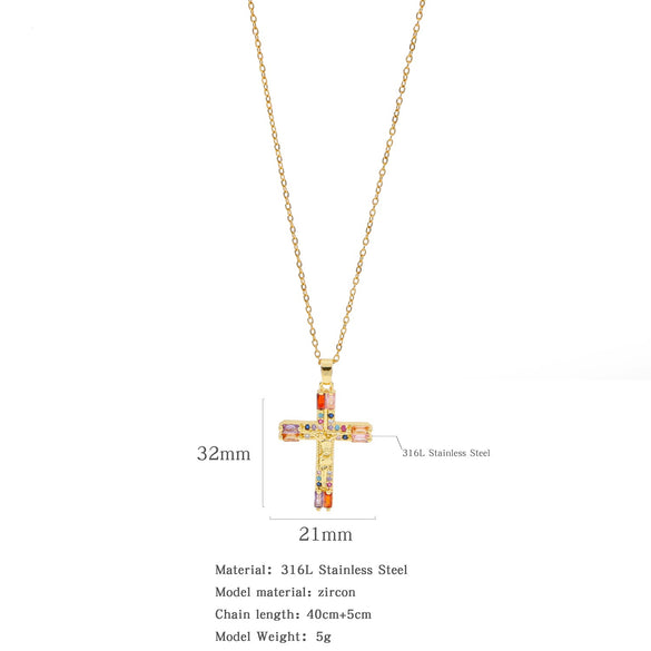 Fashion Retro Style Stainless Steel Cross Pendant Ochain Necklace With Copper Zirconium And Colored Diamond Electroplated Waterproof Fadeless Unisex Jewelry