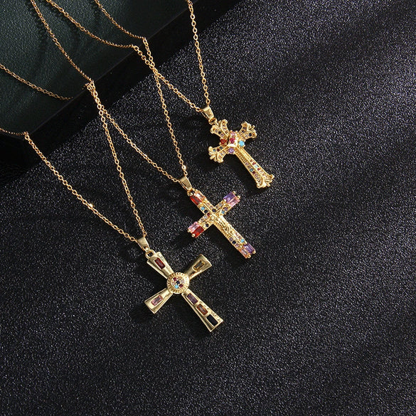 Fashion Retro Style Stainless Steel Cross Pendant Ochain Necklace With Copper Zirconium And Colored Diamond Electroplated Waterproof Fadeless Unisex Jewelry