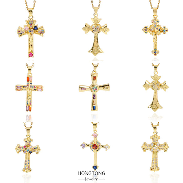 Fashion Retro Style Stainless Steel Cross Pendant Ochain Necklace With Copper Zirconium And Colored Diamond Electroplated Waterproof Fadeless Unisex Jewelry