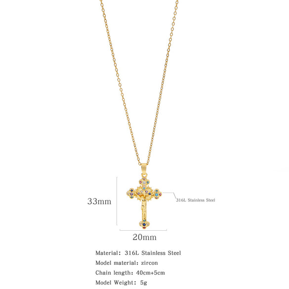 Fashion Retro Style Stainless Steel Cross Pendant Ochain Necklace With Copper Zirconium And Colored Diamond Electroplated Waterproof Fadeless Unisex Jewelry
