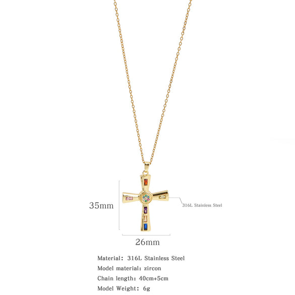Fashion Retro Style Stainless Steel Cross Pendant Ochain Necklace With Copper Zirconium And Colored Diamond Electroplated Waterproof Fadeless Unisex Jewelry