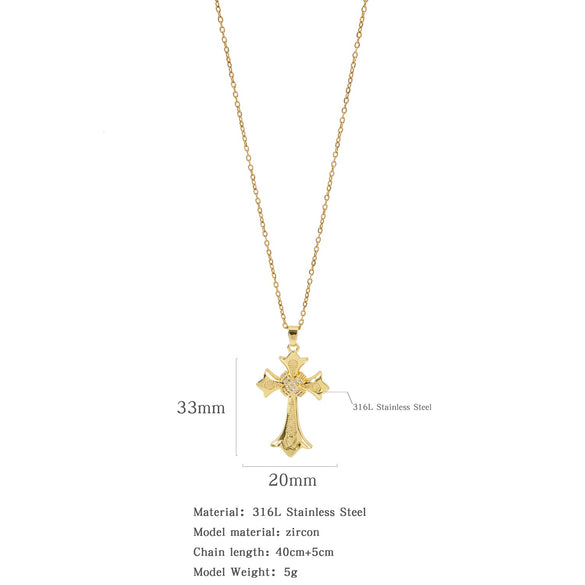 Fashion Retro Style Stainless Steel Cross Pendant Ochain Necklace With Copper Zirconium And Colored Diamond Electroplated Waterproof Fadeless Unisex Jewelry
