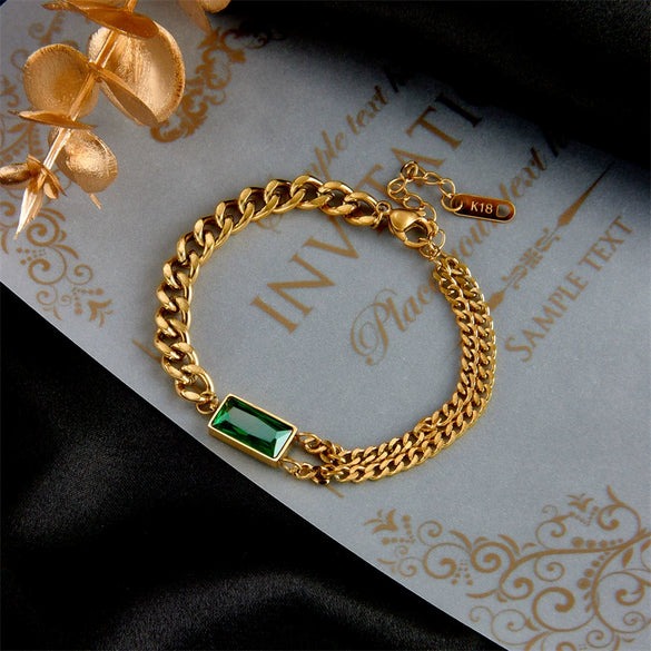 Fashion Retro Titanium Steel Square Double Chain Bracelet With Green Diamond For Women Geometric Pattern Electroplated