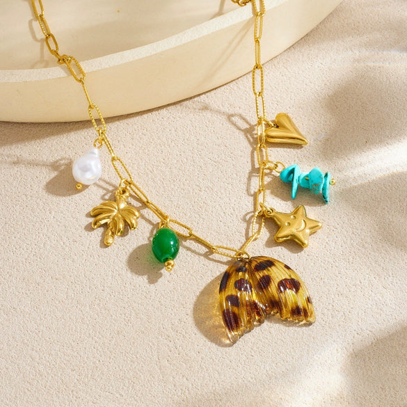 Fashion Retro Turquoise Pearl Coconut Tree Leopard Print Fishtail Star Pendant Necklace For Women With Electroplated Stainless Steel Pendant And Flat Cross Chain