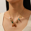 Fashion Retro Turquoise Pearl Coconut Tree Leopard Print Fishtail Star Pendant Necklace For Women With Electroplated Stainless Steel Pendant And Flat Cross Chain