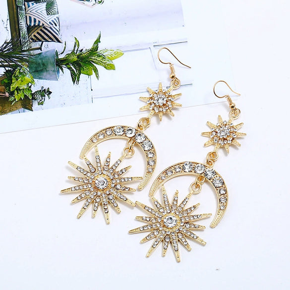 Fashion Retro Women's Handmade Earrings With Artificial Crystal And Geometric Pattern Star And Sun Shapes