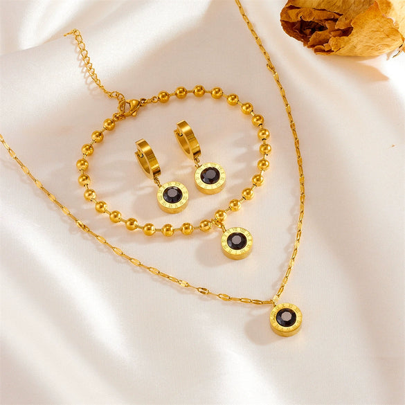 Fashion Roman Suit Titanium Steel Necklace Bracelet Ear Buckle With Love Water Drops Bell Patterns