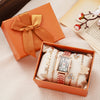 Fashion Rose Gold Watch Set With Square Quartz Watch And Butterfly Bracelet Alloy Case Stainless Steel Strap Roman Numerals Scale For Female