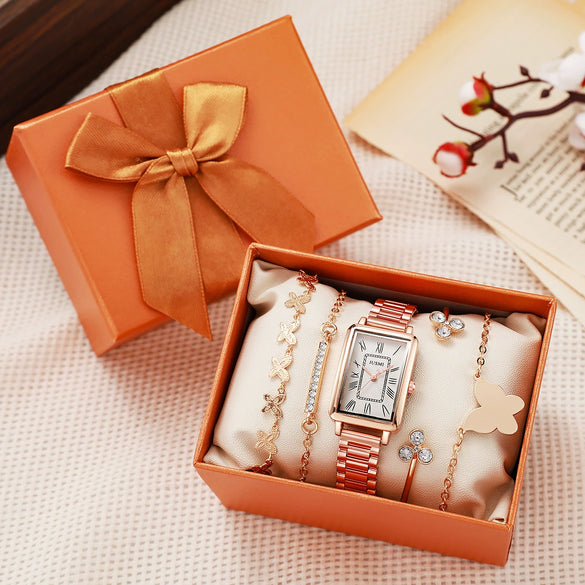 Fashion Rose Gold Watch Set With Square Quartz Watch And Butterfly Bracelet Alloy Case Stainless Steel Strap Roman Numerals Scale For Female
