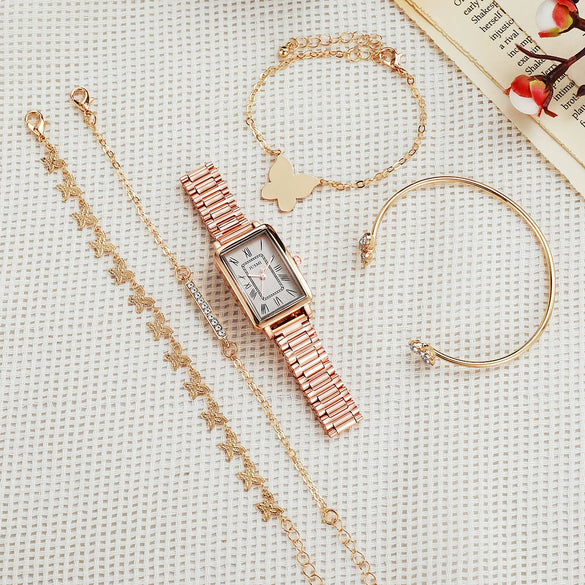Fashion Rose Gold Watch Set With Square Quartz Watch And Butterfly Bracelet Alloy Case Stainless Steel Strap Roman Numerals Scale For Female