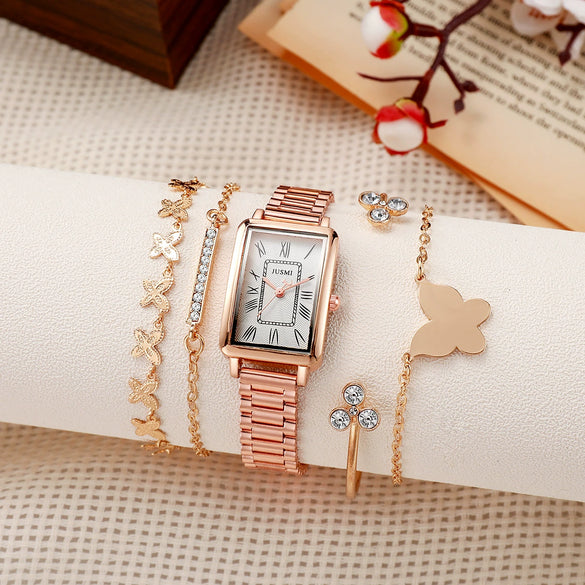 Fashion Rose Gold Watch Set With Square Quartz Watch And Butterfly Bracelet Alloy Case Stainless Steel Strap Roman Numerals Scale For Female