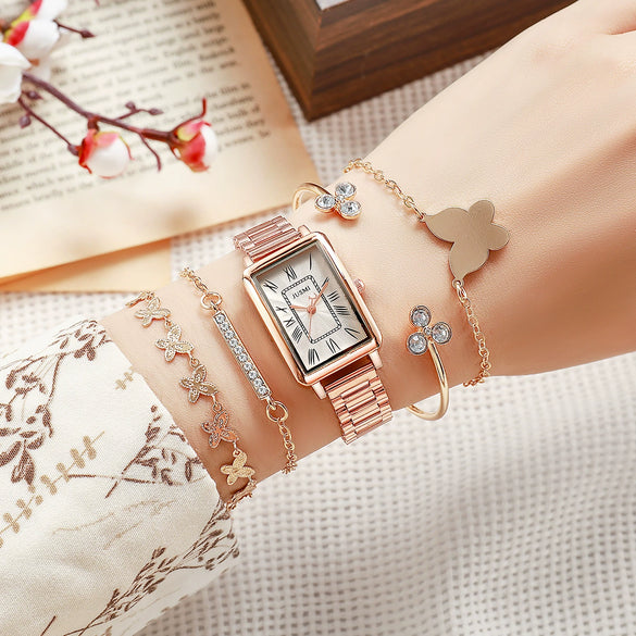 Fashion Rose Gold Watch Set With Square Quartz Watch And Butterfly Bracelet Alloy Case Stainless Steel Strap Roman Numerals Scale For Female