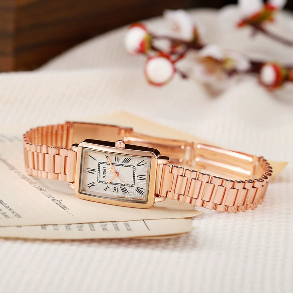Fashion Rose Gold Watch Set With Square Quartz Watch And Butterfly Bracelet Alloy Case Stainless Steel Strap Roman Numerals Scale For Female