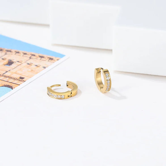 Fashion Round Titanium Steel Hoop Earrings Inlay Zircon Stainless Steel Earrings 1 Pair