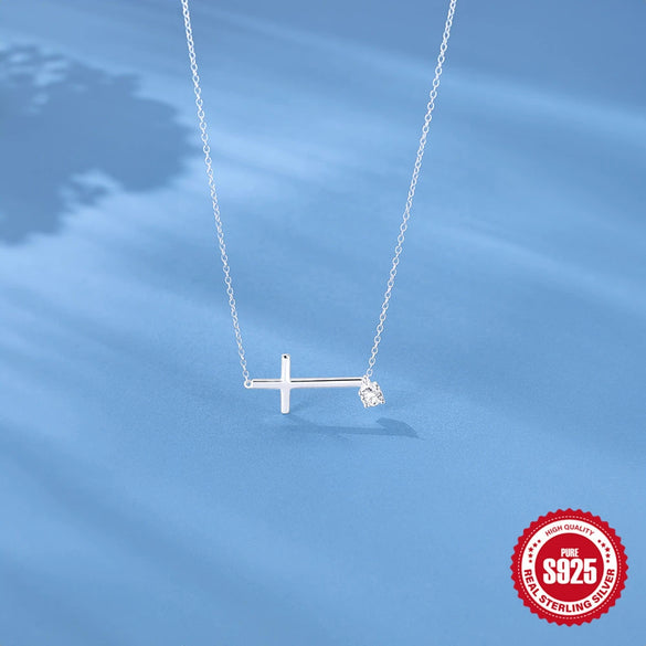Fashion S925 Sterling Silver Cross Zircon Ochain Clavicle Chain Necklace With Diamond Treatment And Geometric Design