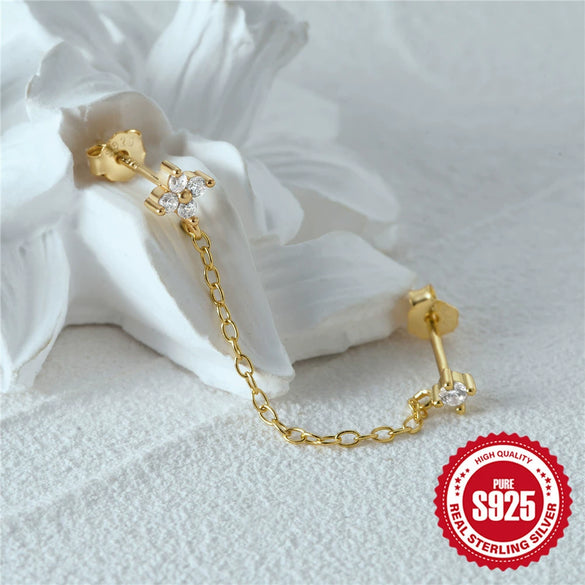 Fashion S925 Sterling Silver Geometric Tassel Diamond Embedded Connected Stacking Ear Line Earrings For Women