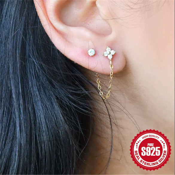 Fashion S925 Sterling Silver Geometric Tassel Diamond Embedded Connected Stacking Ear Line Earrings For Women
