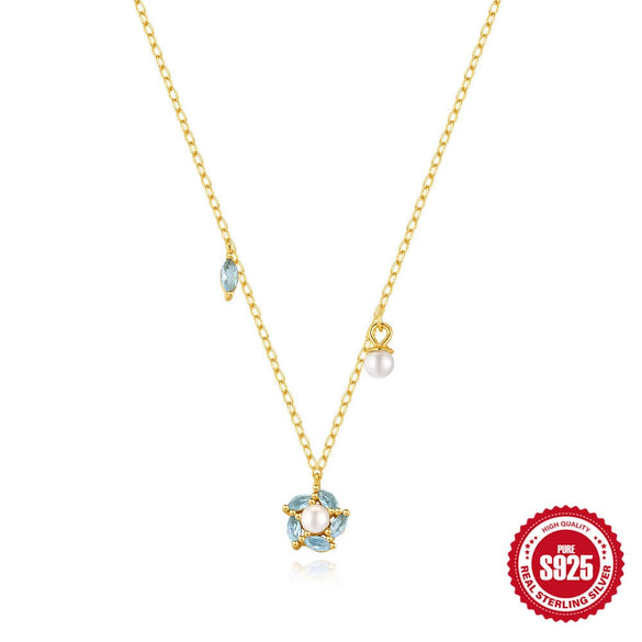 Fashion S925 Sterling Silver Light Blue Horse Eye Zircon Snowflake Stitched Fresh Necklace With Electroplating For Women