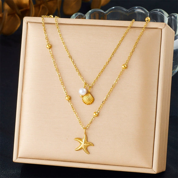 Fashion Seaside Resort Style Stainless Steel Necklace With Star Shape And Star Pattern Electroplated For Women