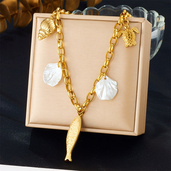 Fashion Seaside Resort Style Stainless Steel Necklace With Star Shape And Star Pattern Electroplated For Women
