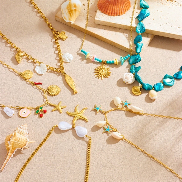Fashion Seaside Resort Style Stainless Steel Necklace With Star Shape And Star Pattern Electroplated For Women