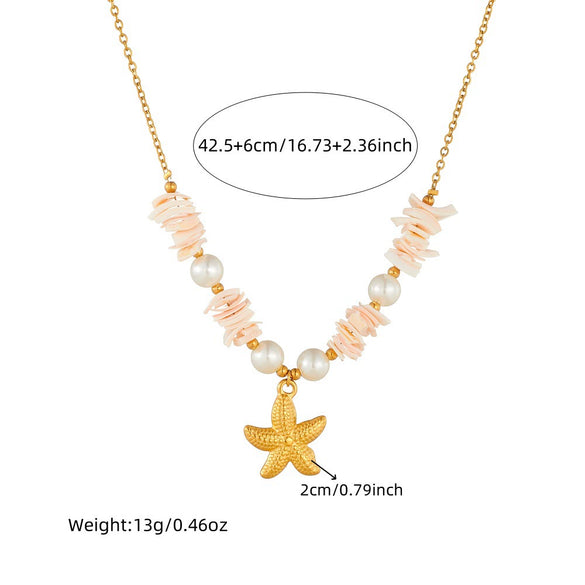 Fashion Seaside Resort Style Stainless Steel Necklace With Star Shape And Star Pattern Electroplated For Women