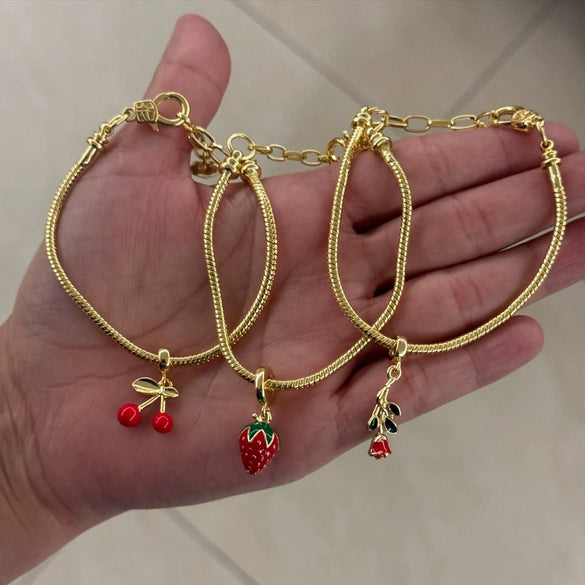 Fashion Sense Little Fresh Strawberry Cherry Fruit Series Brass Bracelet With Pendant Electroplated