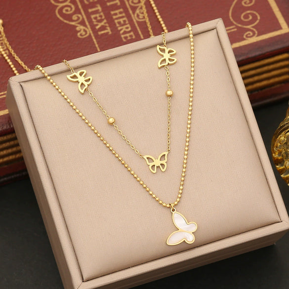 Fashion Shell Butterfly Insect Pattern Stainless Steel Multi Layer O Shaped Chain Necklace With Electroplating For Women