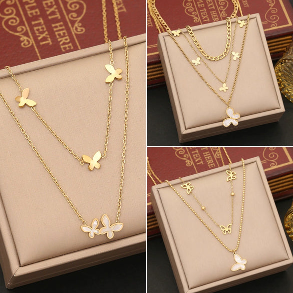 Fashion Shell Butterfly Insect Pattern Stainless Steel Multi Layer O Shaped Chain Necklace With Electroplating For Women
