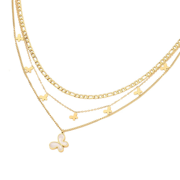 Fashion Shell Butterfly Insect Pattern Stainless Steel Multi Layer O Shaped Chain Necklace With Electroplating For Women