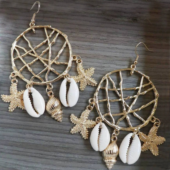 Fashion Shell Conch Sea Star Dream Catcher Earrings For Women Alloy Material With Electroplating Inlaid With Artificial And Semi Precious Stones