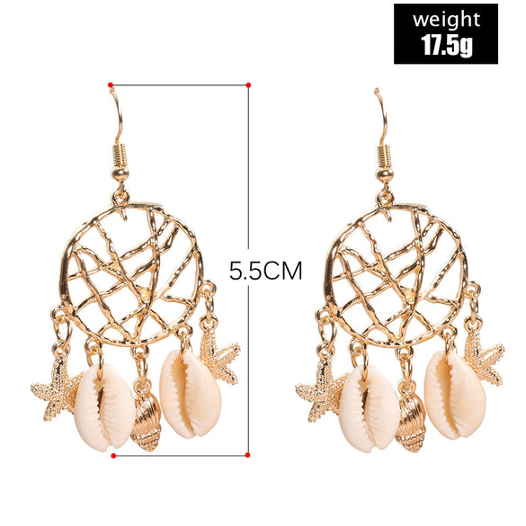 Fashion Shell Conch Sea Star Dream Catcher Earrings For Women Alloy Material With Electroplating Inlaid With Artificial And Semi Precious Stones
