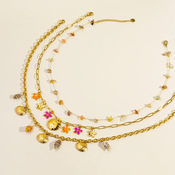 Fashion Shell Flower Multipendant Stainless Steel And Titanium Steel Necklace With Geometric Pattern And Electroplating For Women