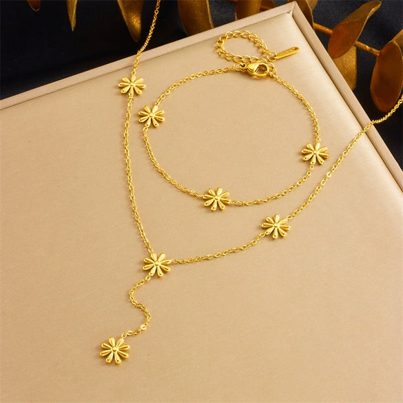 Fashion Simple Allmatch Stainless Steel Gold Plated Daisy Accessories Necklace Bracelet Plants And Flowers Pattern Electroplating Process