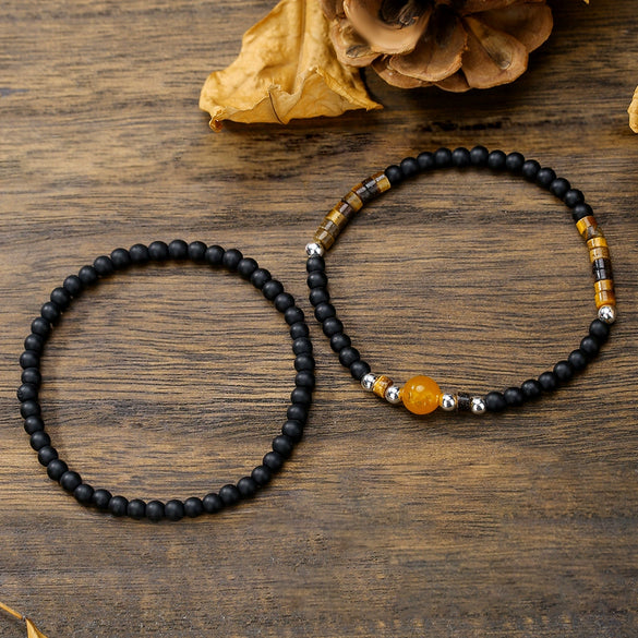 Fashion Simple Allmatch Unisex Handmade Stone Copper Beads Round Beaded Bracelet With Black Onyx Tiger Eye Amber